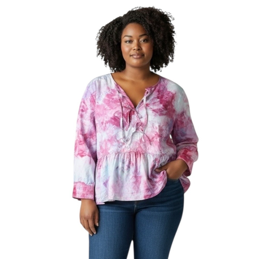 Free Assembly‎ Plus Size 1X Top Handmade Tie Dye Peplum Pink Tie Front Tunic 943